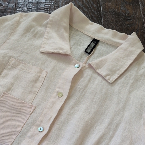 INIZIO Italy ONZ I Pink Linen Lagenlook Swirl-Hem Mixed Media Tunic Top, L - Picture 6 of 13